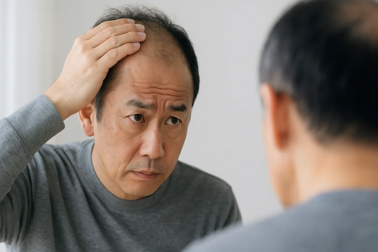 50代くらいの男性が、鏡に映る自身の薄毛を気にしながら、頭頂部を手で触っている。