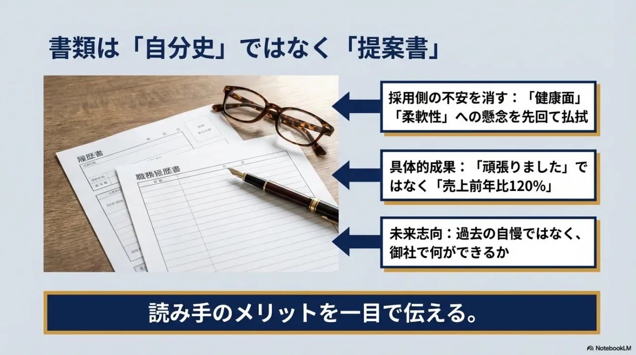 履歴書と職務経歴書のイラスト。採用側の不安（柔軟性・健康）を先回りして払拭し、具体的な成果と未来の貢献を伝えるべきだと解説するスライド。