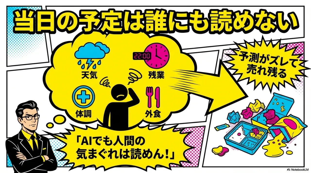 天気や残業などで需要がブレやすく、売り場の準備タイミングと合わないことで売れ残りが発生することを示す説明画像