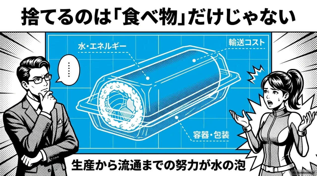 恵方巻き廃棄が食材だけでなく水・エネルギー・輸送など複数の環境負荷を伴うことを示した画像