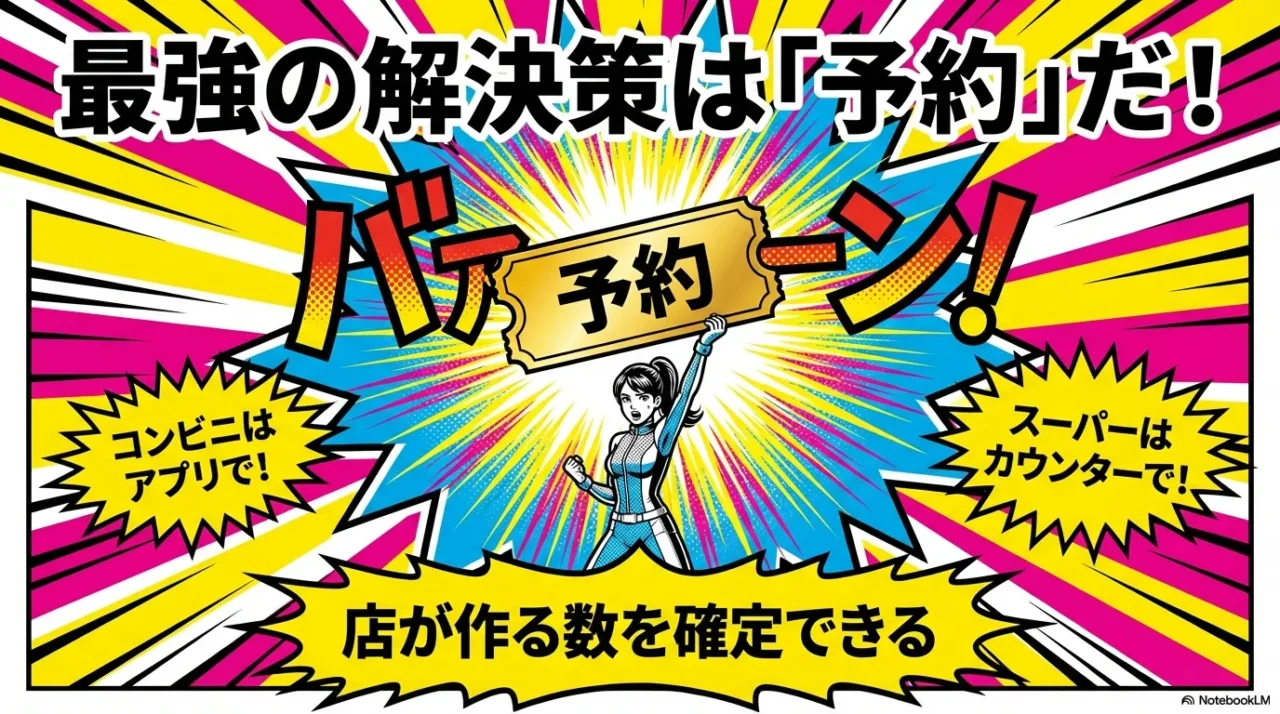 予約によって製造数の前提が固まり、当日上積みが減って廃棄リスクが下がる流れを示す画像