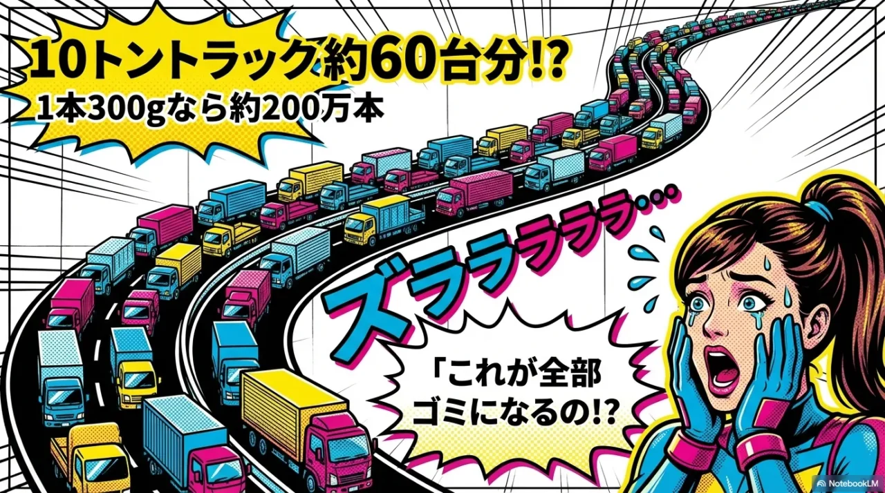 600トンの廃棄量を10トントラック換算で約60台分として示した比較画像
