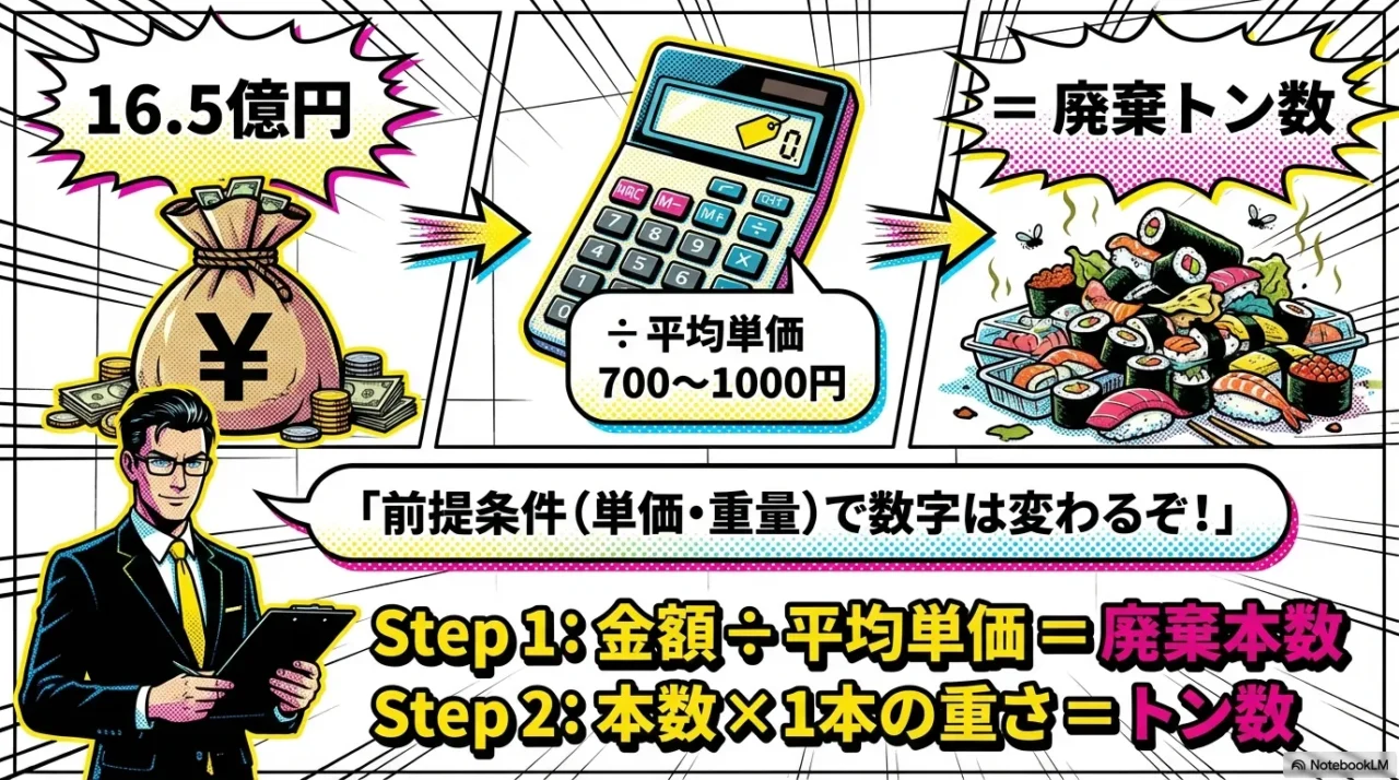 廃棄金額を平均単価で割って本数を出し、1本重量を掛けてトンへ換算する計算フロー図
