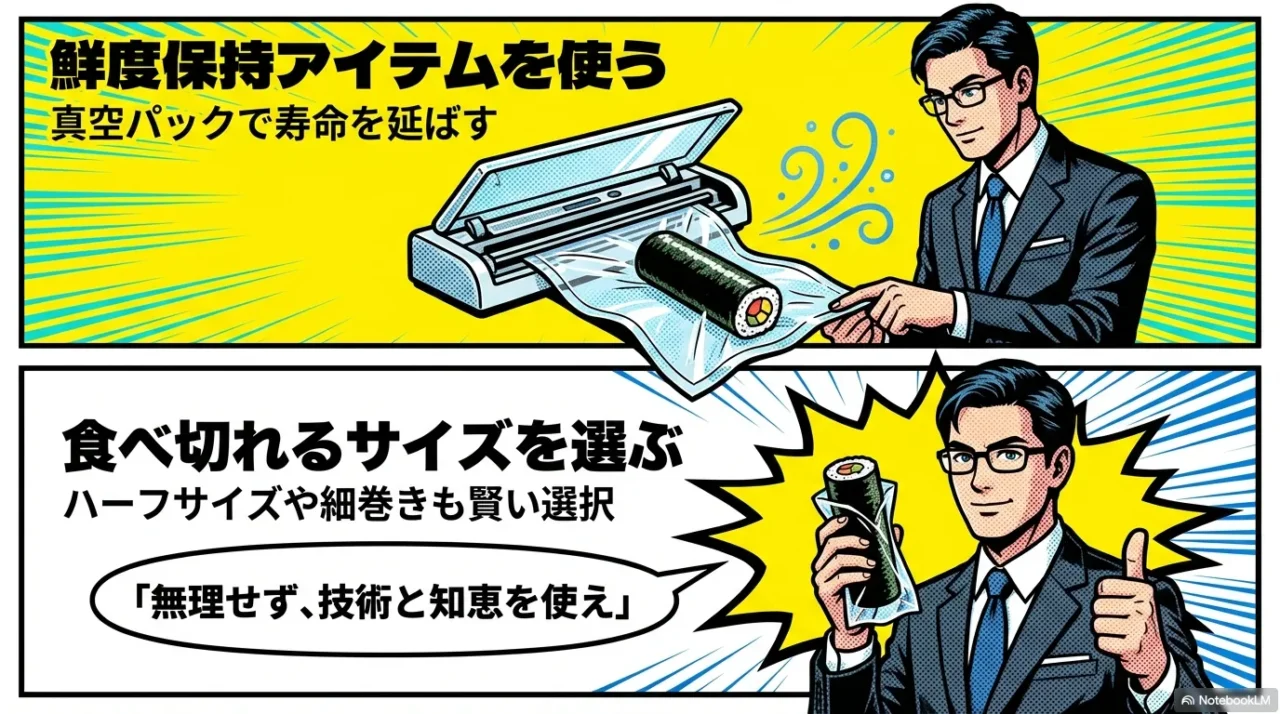 予約・サイズ調整・売り切れ許容など、恵方巻き廃棄を減らすための現実的アクションをまとめた画像