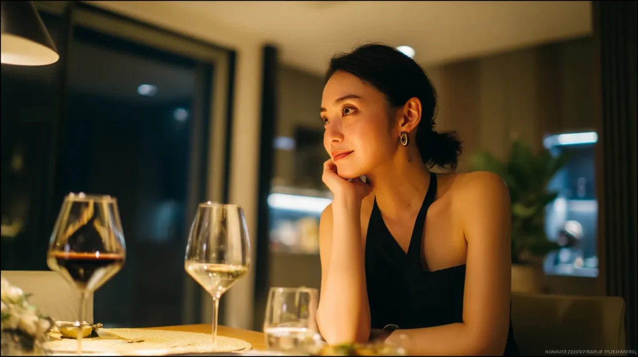 夜のダイニングでワインのグラスを前に静かに考える女性。飲む種類の選び方で翌朝の体感が変わることを連想させる