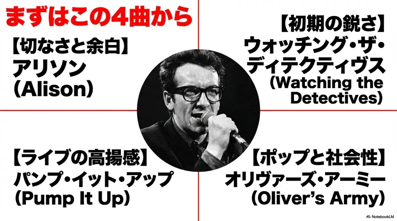 エルヴィス・コステロの入門に最適な4曲として、Alison、Watching the Detectives、Pump It Up、Oliver’s Armyを紹介する画像