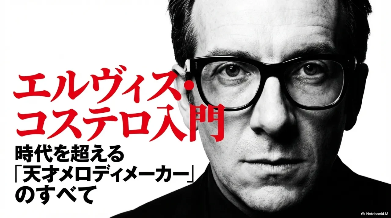 エルヴィス・コステロ入門の導入画像。顔のアップとともに、時代を超える天才メロディメーカーとして紹介している