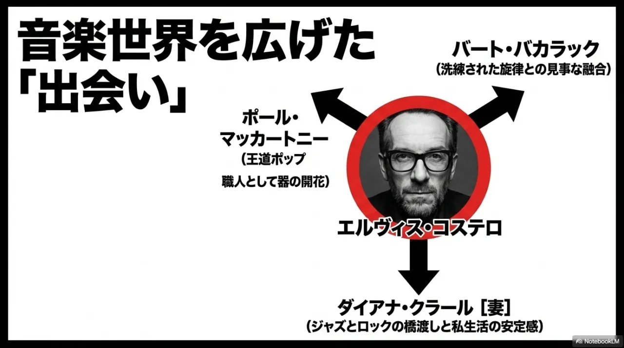 エルヴィス・コステロの音楽世界を広げた重要人物として、ポール・マッカートニー、バート・バカラック、ダイアナ・クラールを示す画像