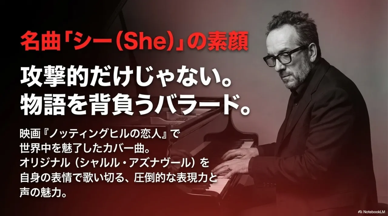 エルヴィス・コステロが歌うSheを、映画ノッティングヒルの恋人と結びつけて紹介する画像