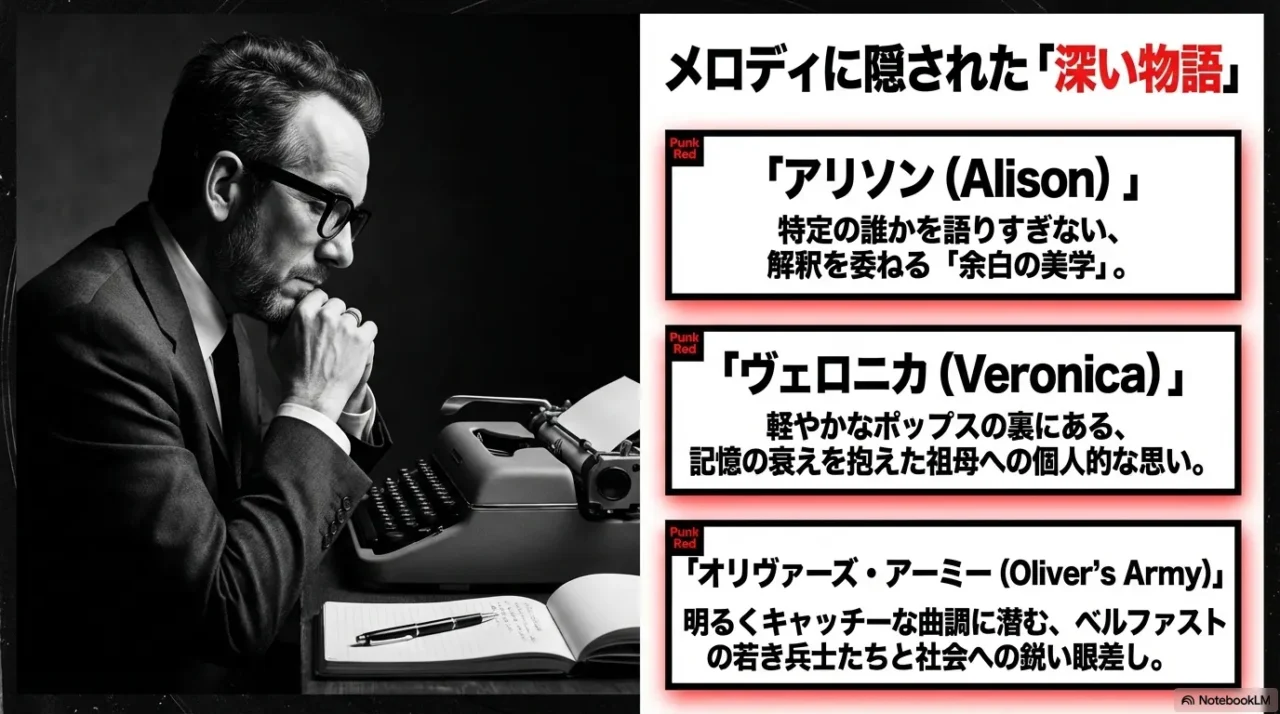 エルヴィス・コステロの楽曲解釈として、Alison、Veronica、Oliver’s Armyの背景や物語性を整理した画像
