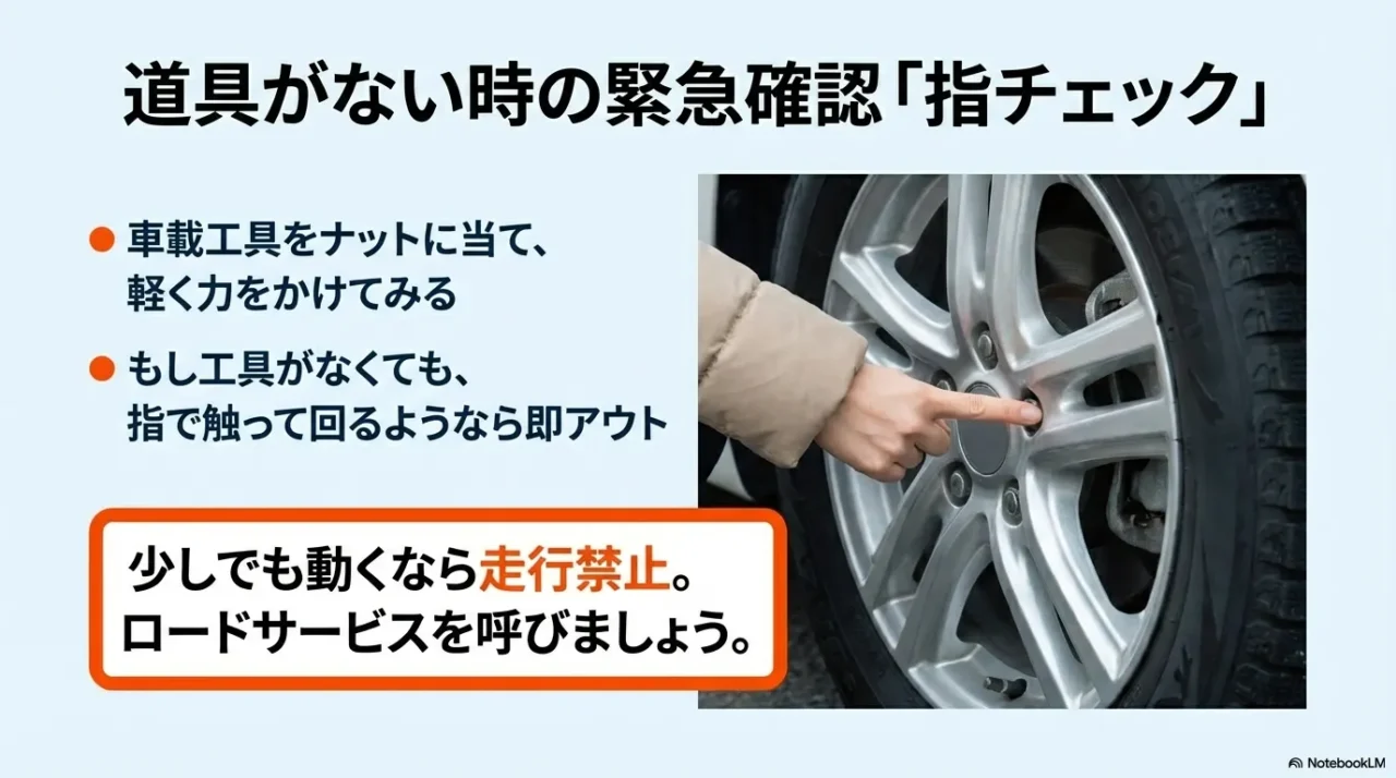 道具がない時にナットの緩みを確認する方法を示す画像