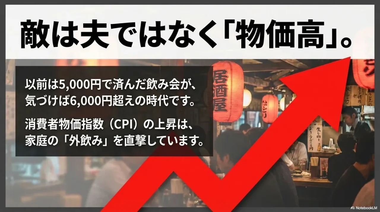 物価上昇で飲み会費用が上がる流れを示すイメージ