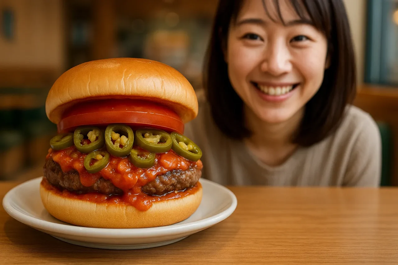 テーブルに置かれたハラペーニョがたっぷり増量されたスパイシーモスバーガーと、それを笑顔で見ている女性。