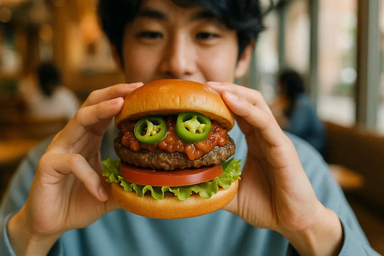 ハラペーニョが増量されたスパイシーモスバーガーを両手で持ち、嬉しそうな表情で見つめる若い男性。
