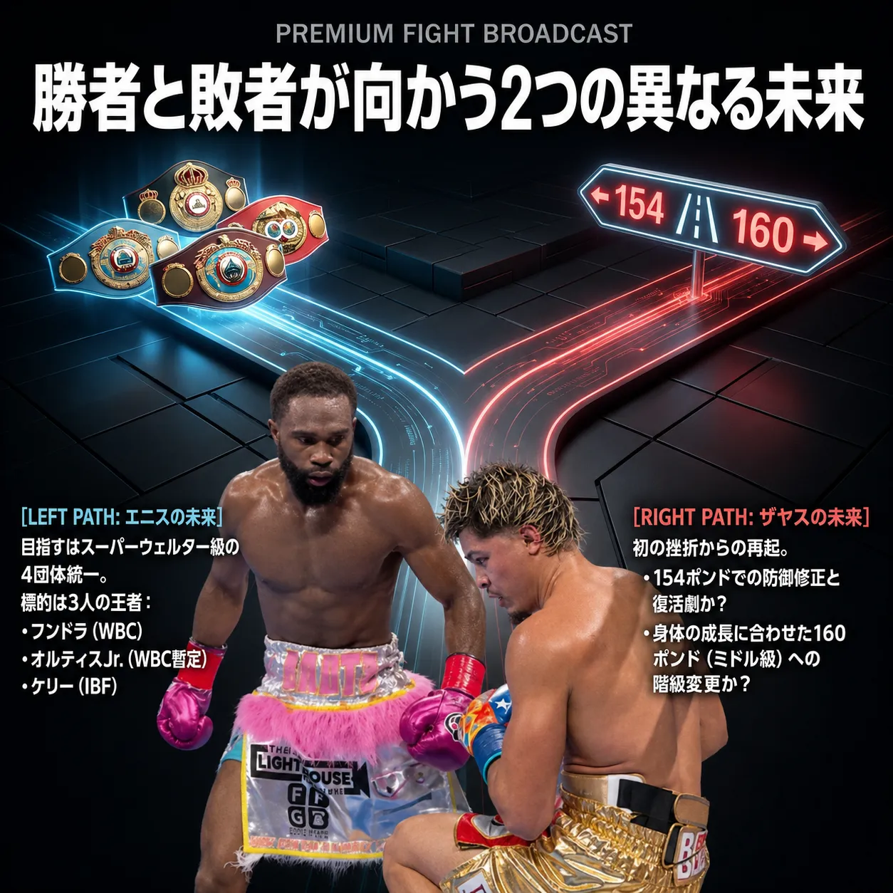 ボクシング試合の勝者と敗者が向かう2つの異なる未来を示すインフォグラフィック。左はエニスの未来でスーパーウェルター級4団体統一を目指す道、右はザヤスの未来で154ポンド防御修正か160ポンド階級変更かを示す。
