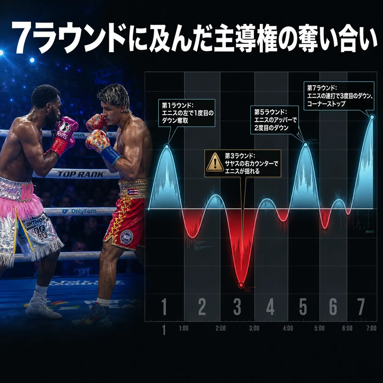 ボクシング試合の主導権推移を示すグラフ。横軸は7ラウンド、縦軸の波形で優劣を表現。第1ラウンドでエニスが左で1度目のダウン奪取、第3ラウンドでサヤスの右カウンターで反撃、第5ラウンドで2度目、第7ラウンドで3度目のダウンとコーナーストップ。