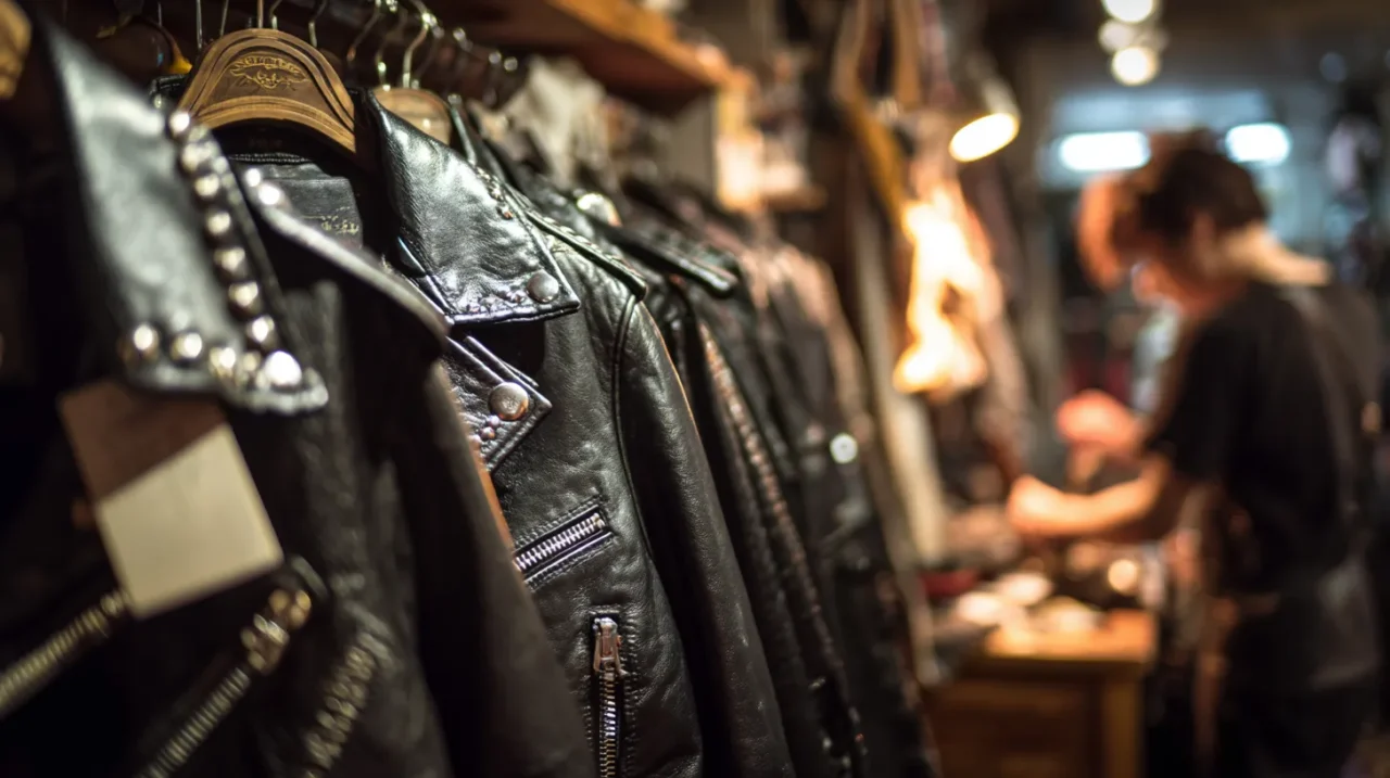 パンク系の黒いライダースジャケットがハンガーにずらりと並ぶ店内で、奥の作業台ではスタッフが革ジャンを手入れしている様子をぼかして写した写真