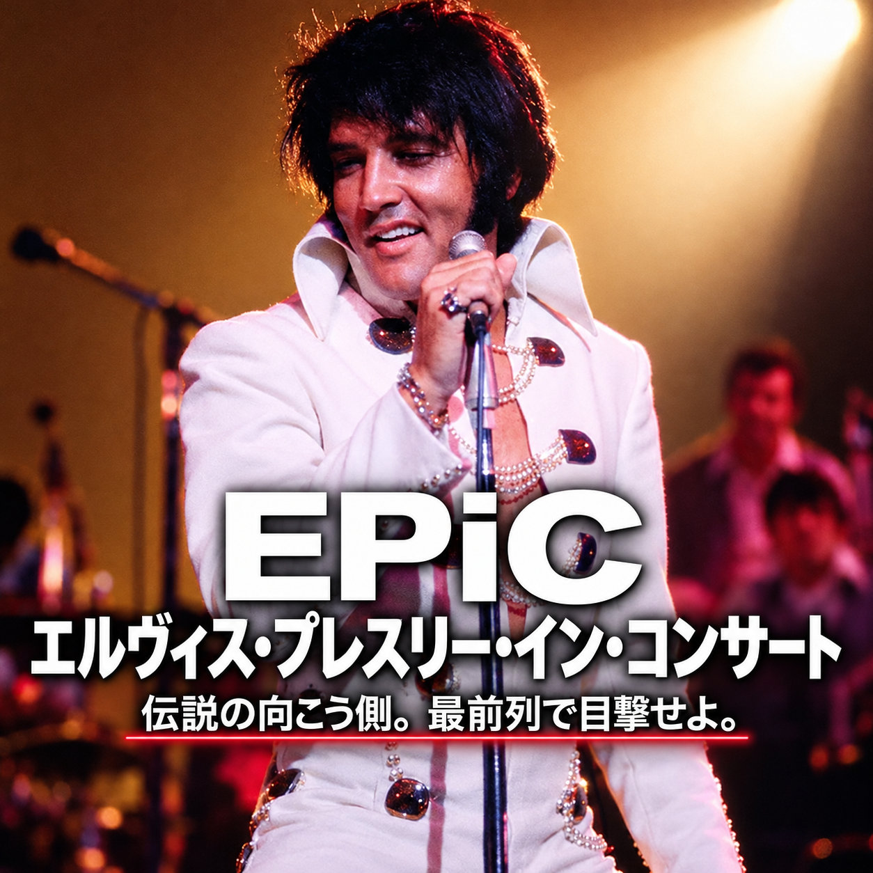 白いステージ衣装でマイクを握るエルヴィスのライブ写真を背景に、「EPiC」「エルヴィス・プレスリー・イン・コンサート」と日本語のキャッチコピーを重ねた正方形の紹介画像。