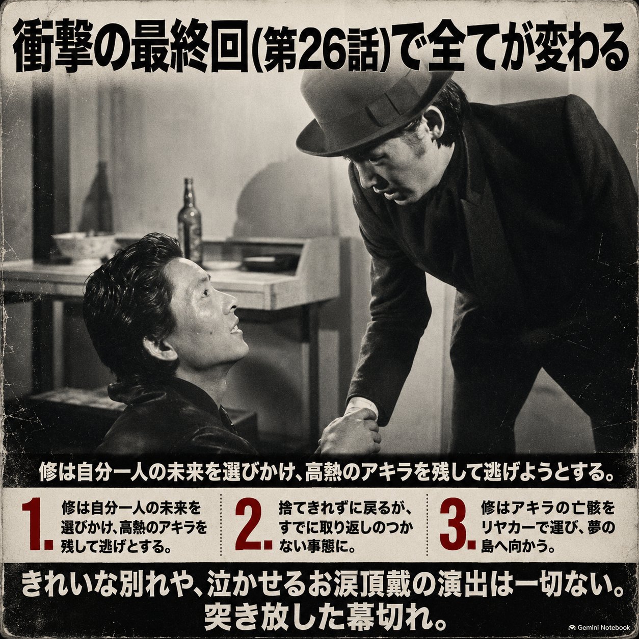 室内で向き合う二人を背景に、『傷だらけの天使』第26話の衝撃的な最終回の流れを3段階で示す図解
