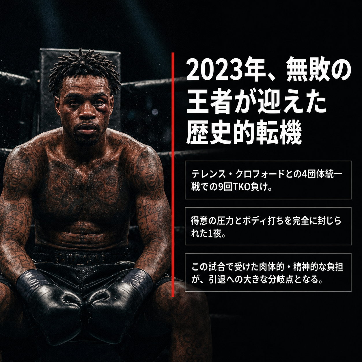 負傷した顔でリングに座るエロール・スペンスの写真に「2023年、無敗の王者が迎えた歴史的転機」の見出しと、クロフォード戦9回TKO負けなど3点を挙げた解説画像