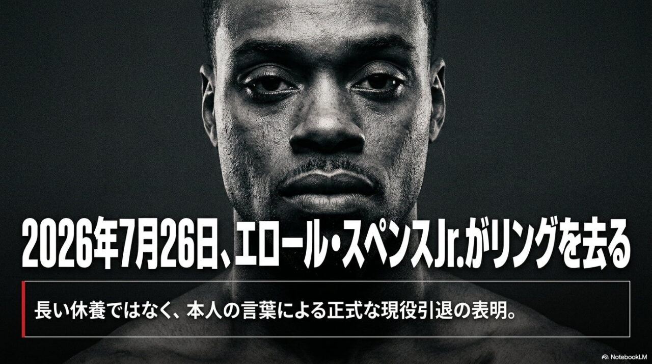正面を見据えるエロール・スペンス・ジュニアの顔写真に、2026年7月26日にリングを去ったこと、報道ではなく本人の言葉による正式な現役引退の表明であることを示した画像