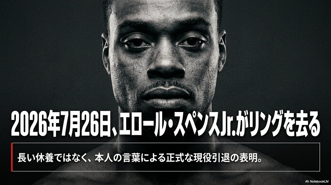 正面を見据えるエロール・スペンス・ジュニアの顔写真に、2026年7月26日にリングを去ったこと、報道ではなく本人の言葉による正式な現役引退の表明であることを示した画像