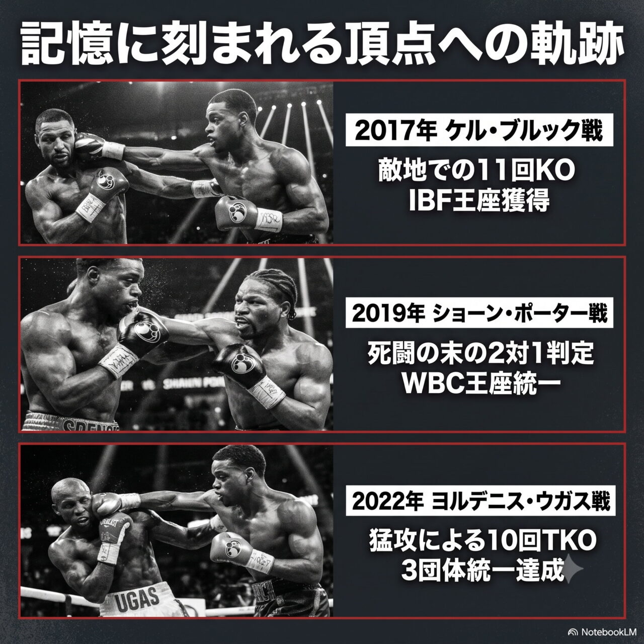 2017年ケル・ブルック戦の11回KO、2019年ショーン・ポーター戦の2対1判定、2022年ヨルデニス・ウガス戦の10回TKOという3試合を、試合写真と結果で並べた年表形式の画像