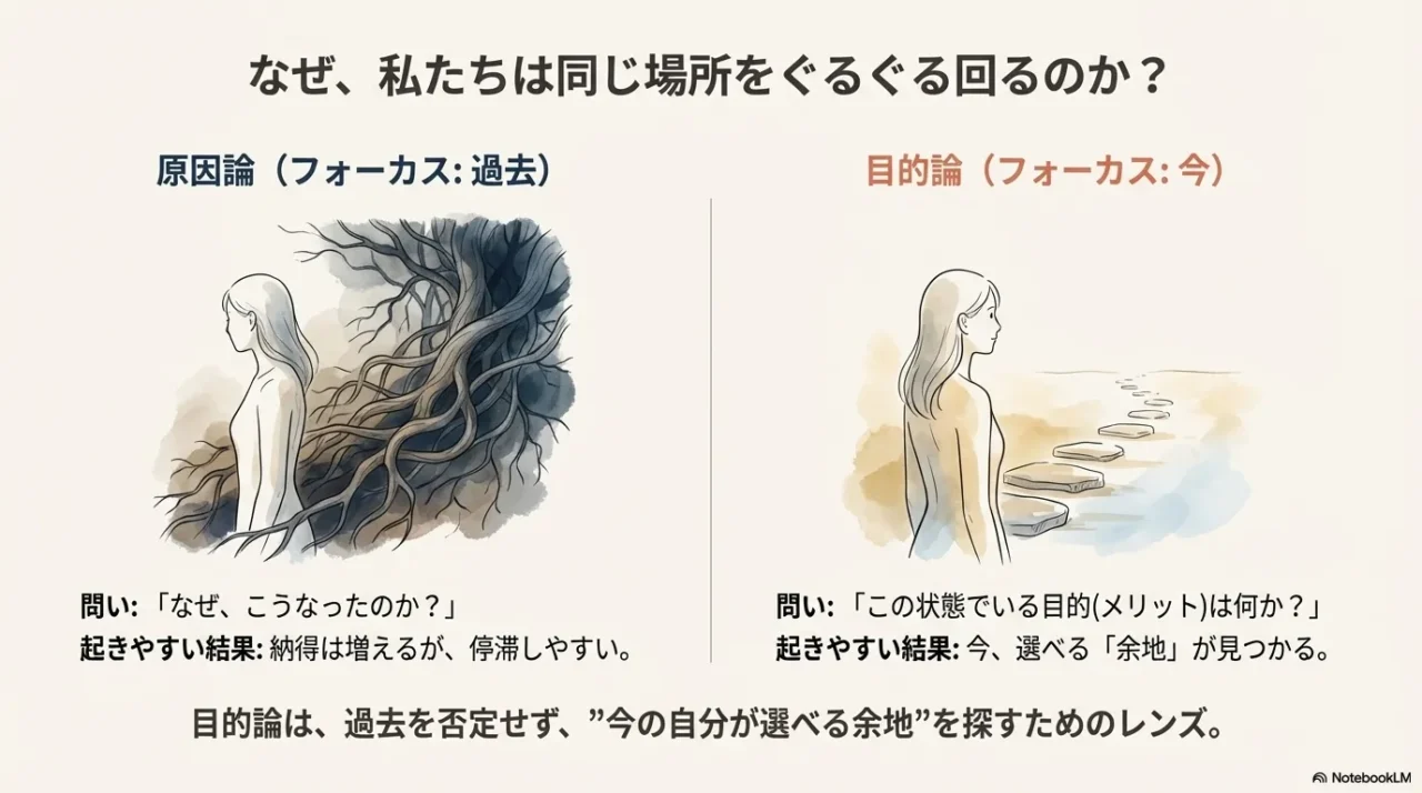原因論で過去を振り返ると停滞するが、目的論で今を見ると選べる余地が見つかる図解