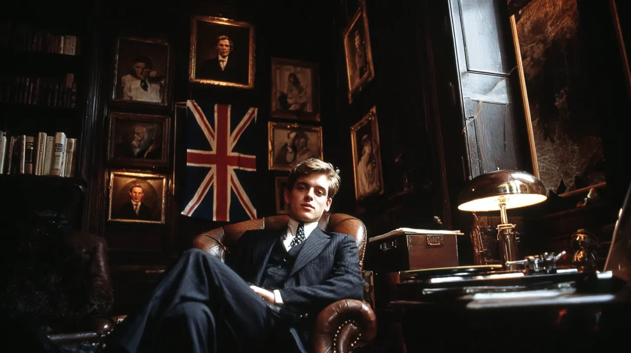 豪華な書斎で革張りの椅子に座る英国エリート風の若者が、壁に飾られた肖像画とユニオンジャックに囲まれ、レコードプレーヤーのそばで余裕ある表情を浮かべている様子を写した画像。