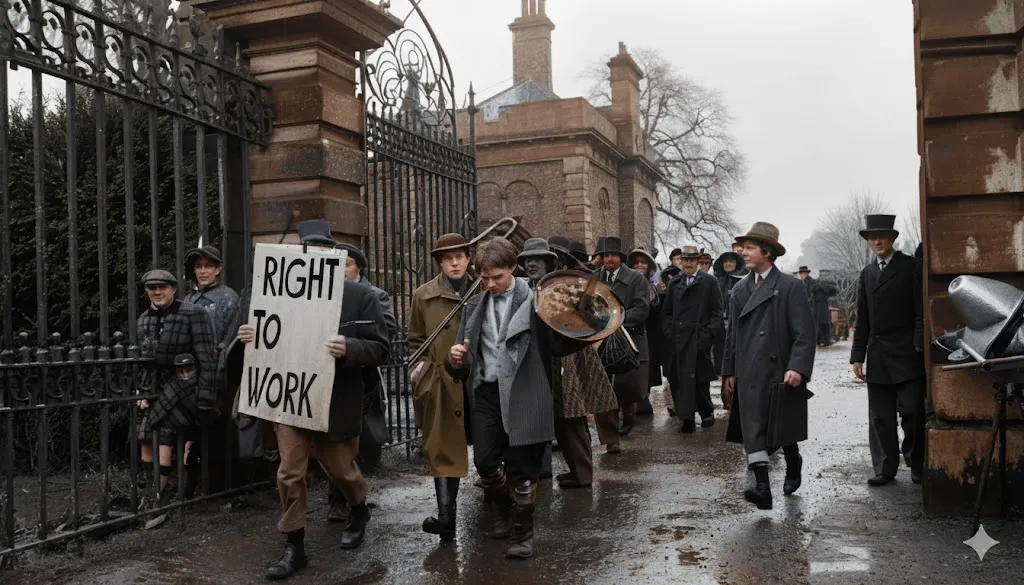 「Right to Work」と書かれた看板を掲げてイートン校の門前を行進する労働者たちと、その様子を見ている上流階級風の学生たちの歴史的な情景を写した写真。