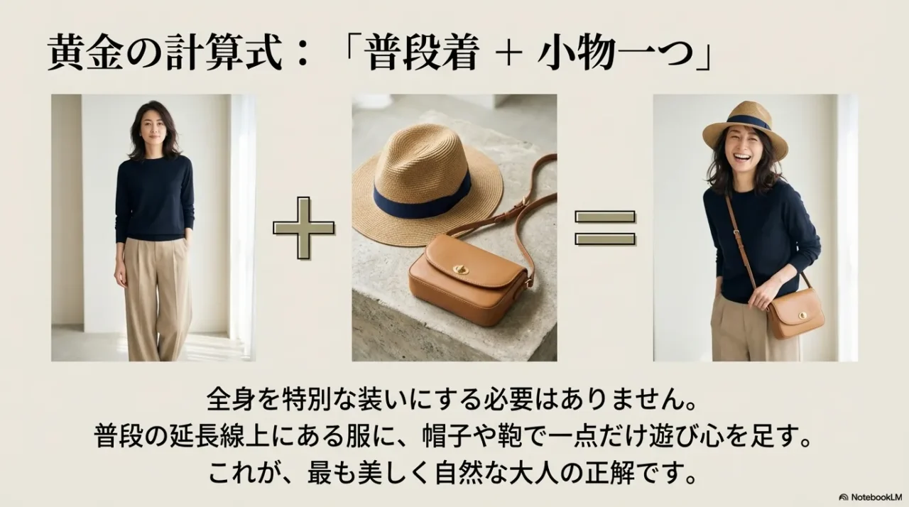 普段着に帽子とバッグを足して自然なフェス感を作る40代・50代女性向けコーデの画像