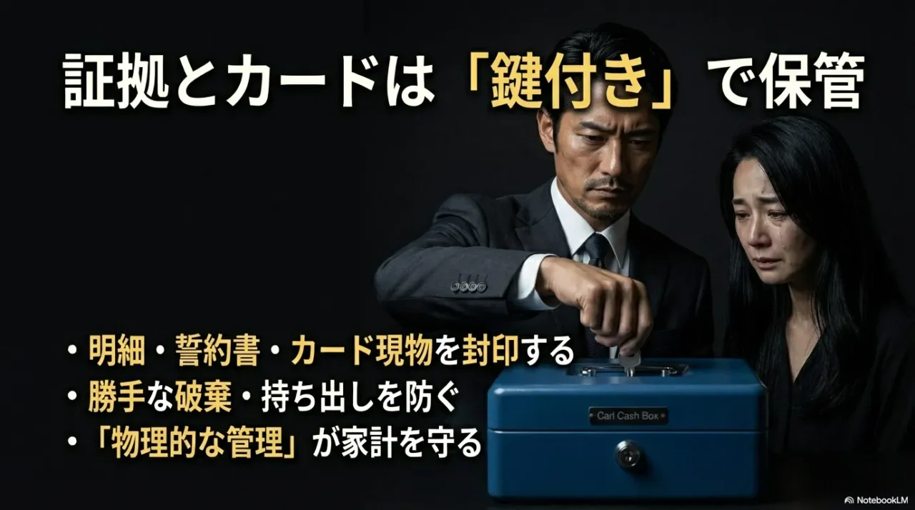 証拠やカードを勝手に破棄・持ち出されないよう、鍵付きで物理的に管理するルールの解説
