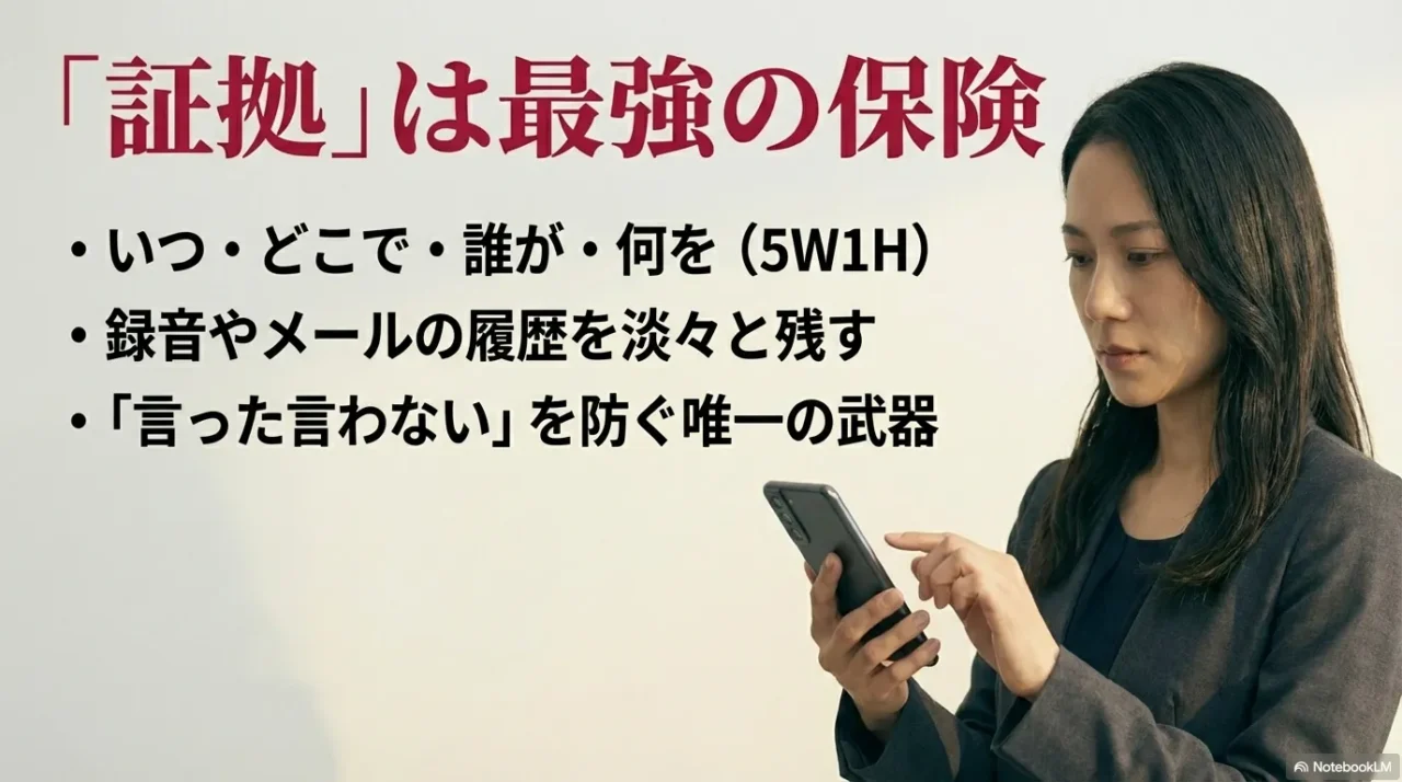 証拠が言った言わないを防ぐ保険になることを示すイメージ
