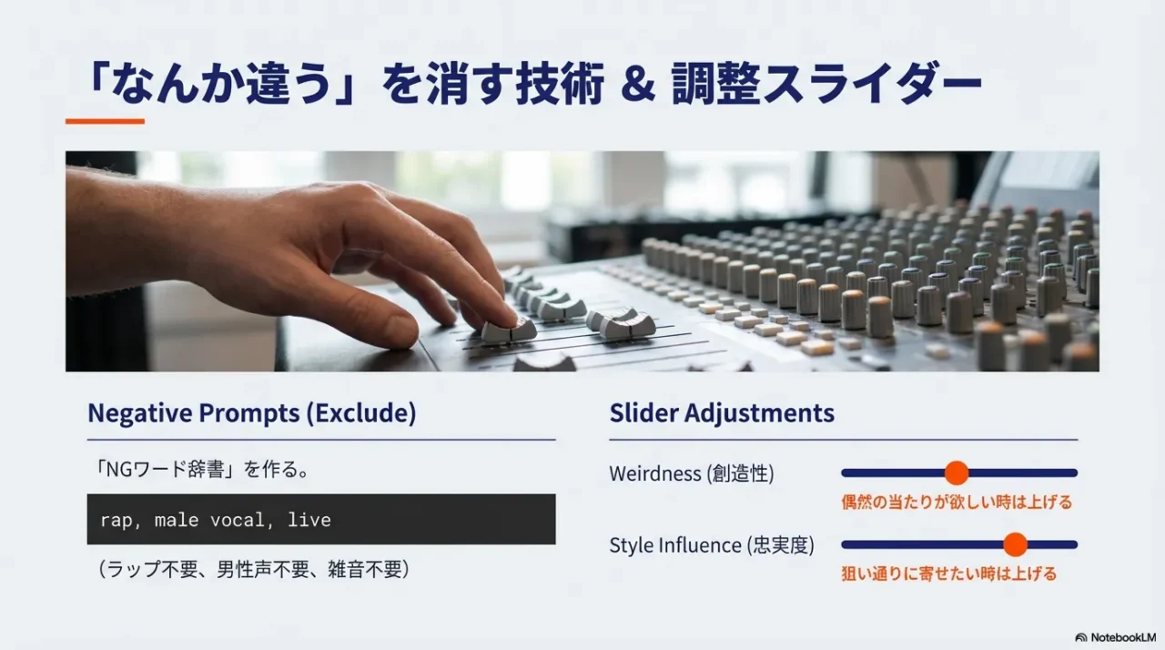 Excludeのネガティブプロンプト例とWeirdness・Style Influenceの調整イメージ