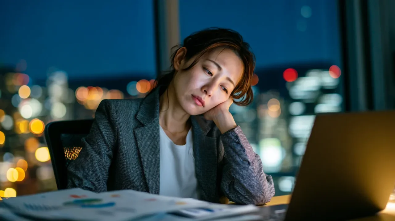 exhausted-japanese-woman-office-night