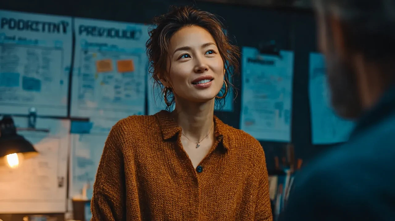 上司と期待値をすり合わせながら目的や期限を確認する30代日本人女性の打ち合わせシーン