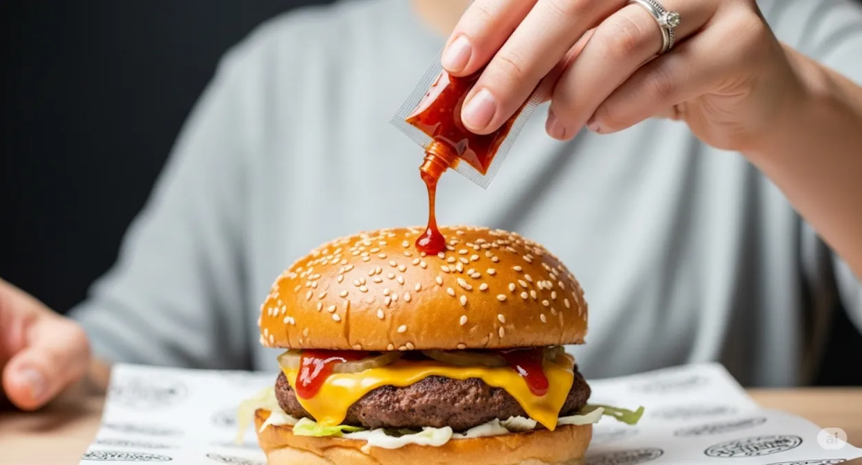 ハンバーガーにソースの小袋からソースをかけている手元。
