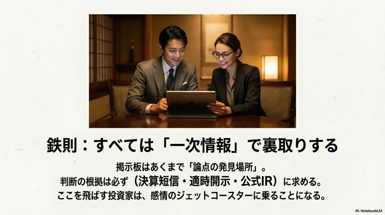 掲示板は論点の発見場所で、判断根拠は決算短信・適時開示・公式IRに置くべきだと強調するスライド