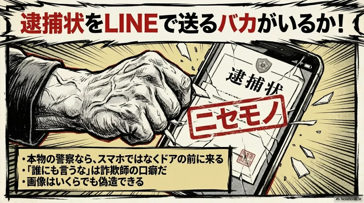 本物の逮捕状はスマホではなく直接刑事が持ってくるものであり、画像の逮捕状は偽物であるという解説イラスト