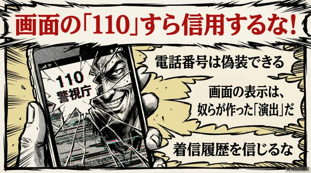着信画面に「110」や「警視庁」と表示されても偽装できるため信用してはいけないという注意喚起イラスト