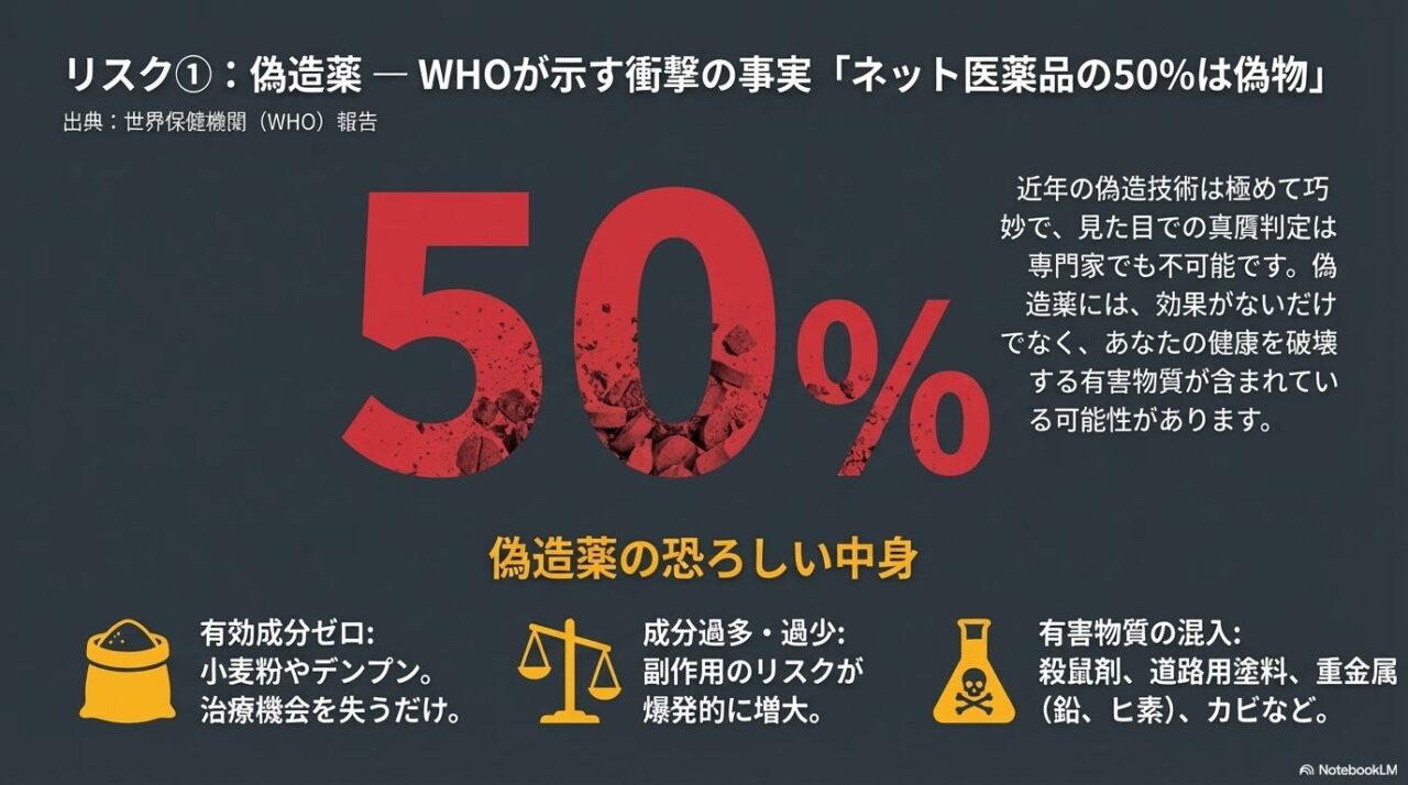 WHOのデータに基づく、ネット販売医薬品の50%が偽物である可能性と、有効成分ゼロや有害物質混入のリスク詳細