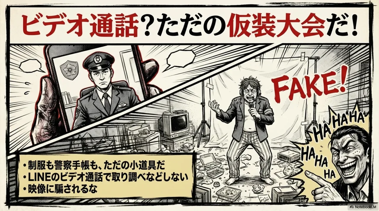 LINEのビデオ通話で警察官の制服を着ていてもそれは小道具であり信用してはいけないというイラスト