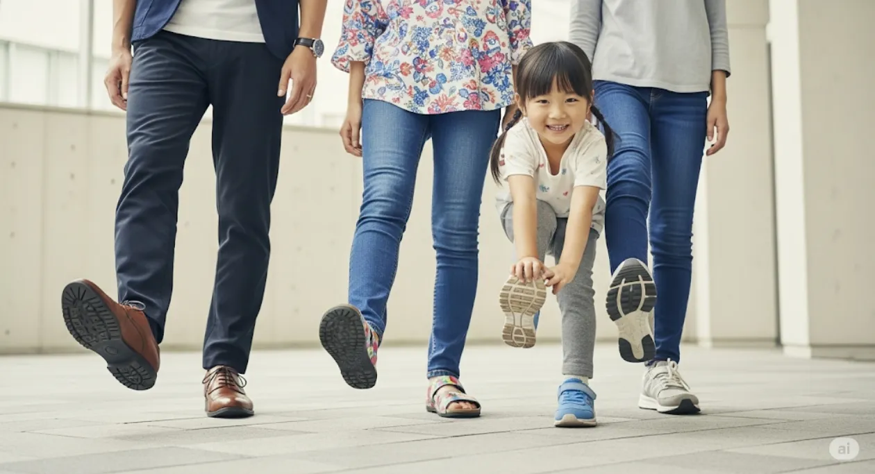 4人家族(父親、母親、娘2人)の足元をローアングルから撮影した写真。父親は茶色の革靴、母親は花柄のサンダル、左側の娘はグレーのレギンスに青いスニーカーを持ち、右側の娘はグレーのズボンに灰色のスニーカーを履いている。床はベージュとグレーの市松模様のタイル。