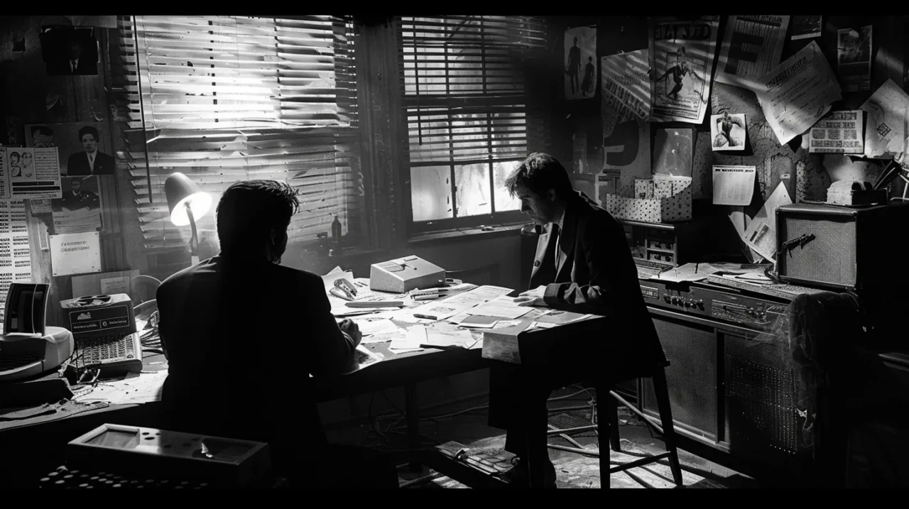 FBIの監視下にある1970年代デトロイトのロックシーンを象徴する薄暗いオフィスで、2人の男性が機密文書を調べている様子のモノクロ写真。