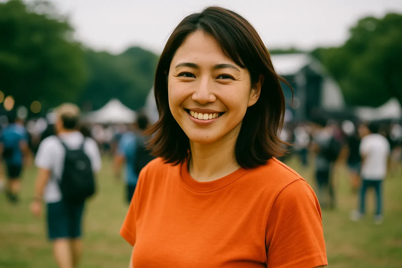 オレンジの服を着た清潔感ある日本人女性がフェス会場で笑顔を見せている様子