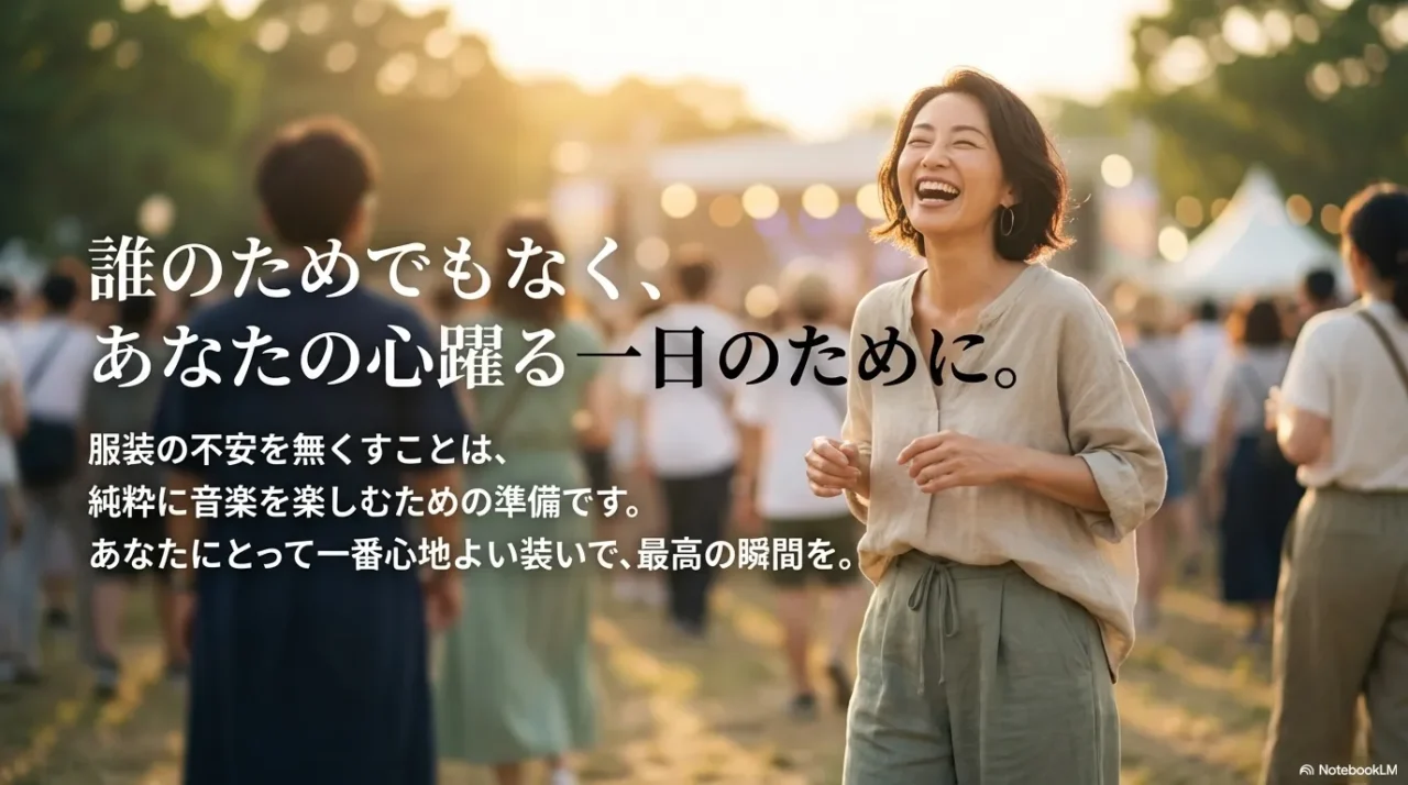 自分らしい装いでフェスを楽しむ40代・50代女性の前向きな締めイメージ画像