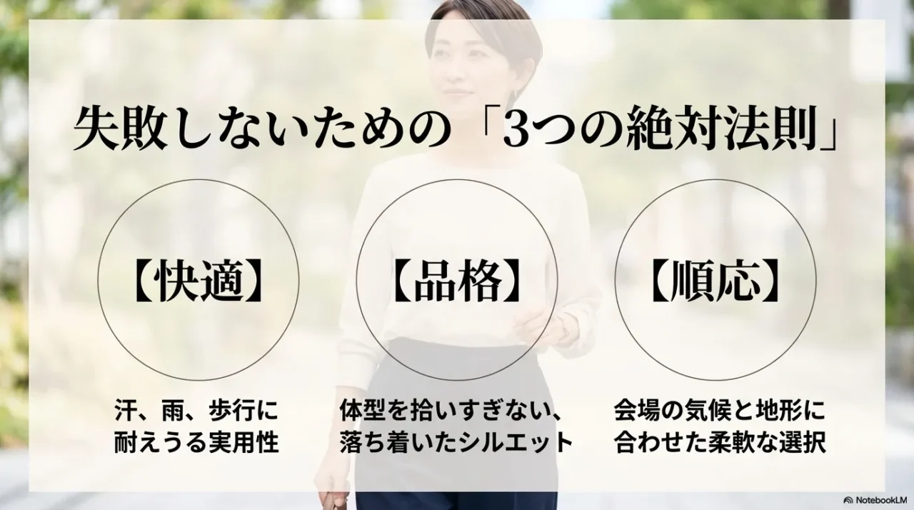 40代・50代女性のフェスファッションで大切な快適さ・品格・会場対応力の3要素を示した画像