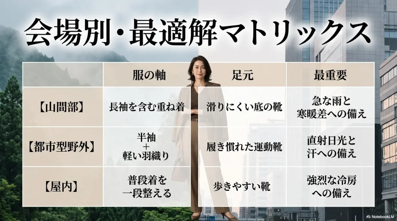 山間部・都市型野外・屋内の会場別に服の軸と足元の選び方を整理したフェスコーデ画像