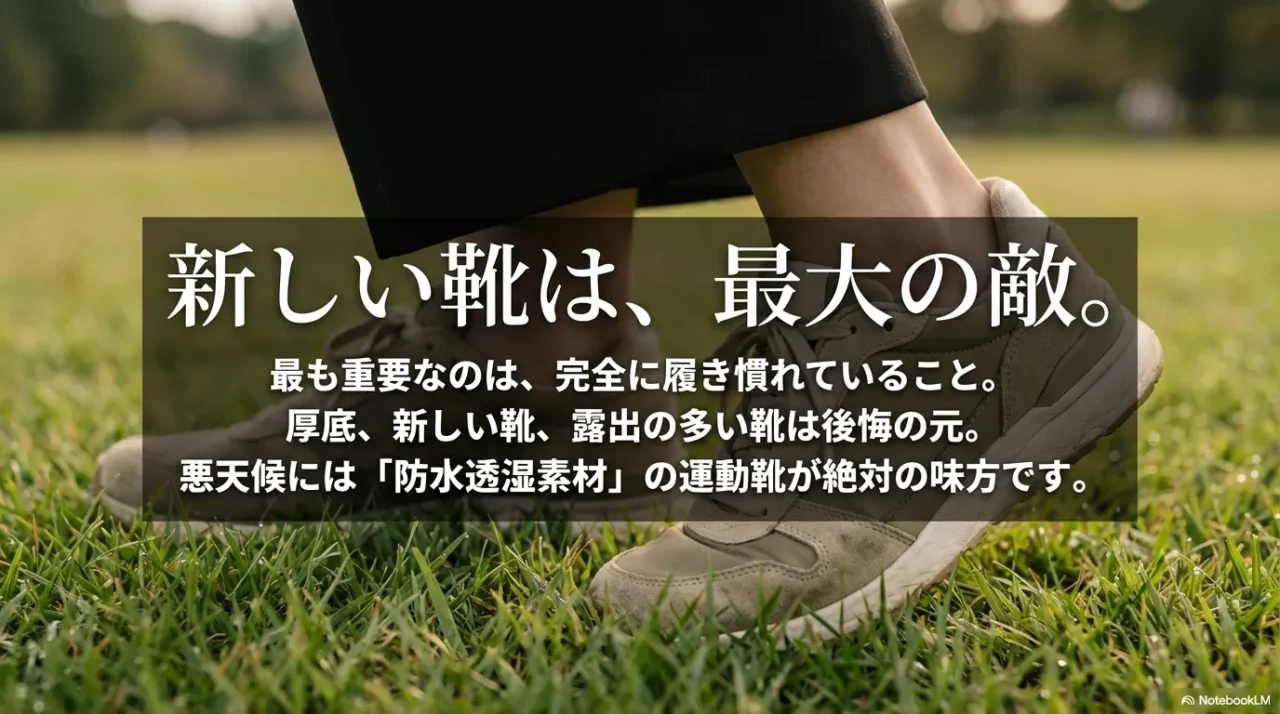 フェスでは新しい靴より履き慣れたスニーカーが重要だと伝える足元のイメージ画像
