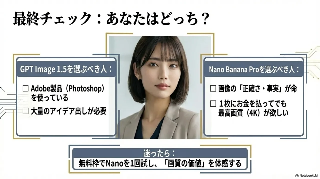 Adobe製品を使う・大量のアイデア出しが必要ならGPT、正確さと4K最高画質が命ならNanoという最終判断チェック